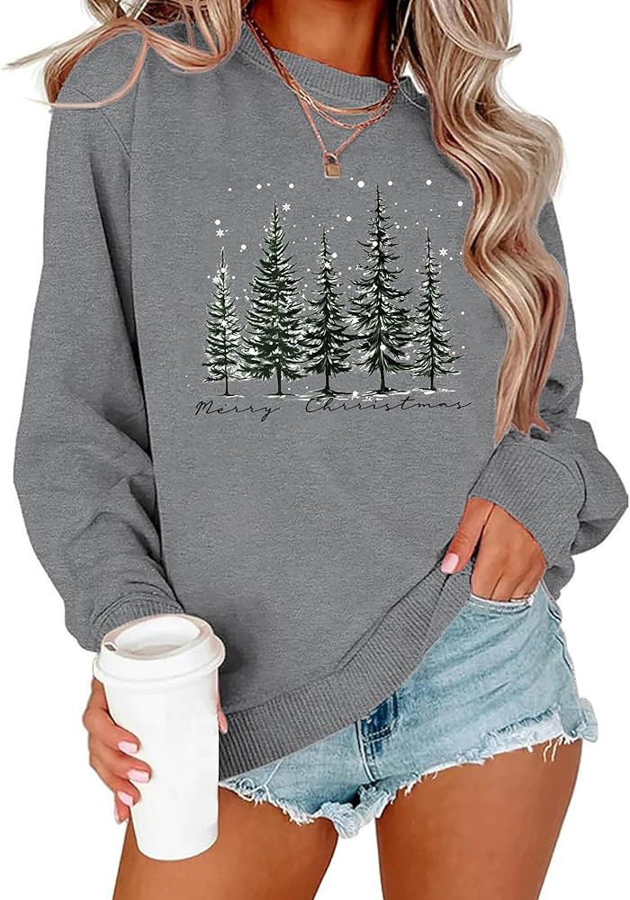 PECHAR Christmas Tree Sweatshirts Women Pine Tree Print Shirts Nature Lover Gift Casual Tee Long ... | Amazon (US)