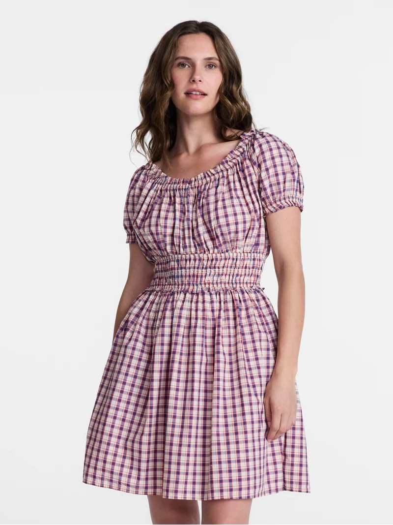 Time and Tru Women's and Women's Plus Cotton Peasant Mini Dress With Puff Sleeves, Sizes XS-4X | Walmart (US)