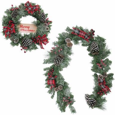 24-in. Wreath and 6-ft. Garland Set, Snow Flocked w/ Pinecones and Bows | Fraser Hill Farm