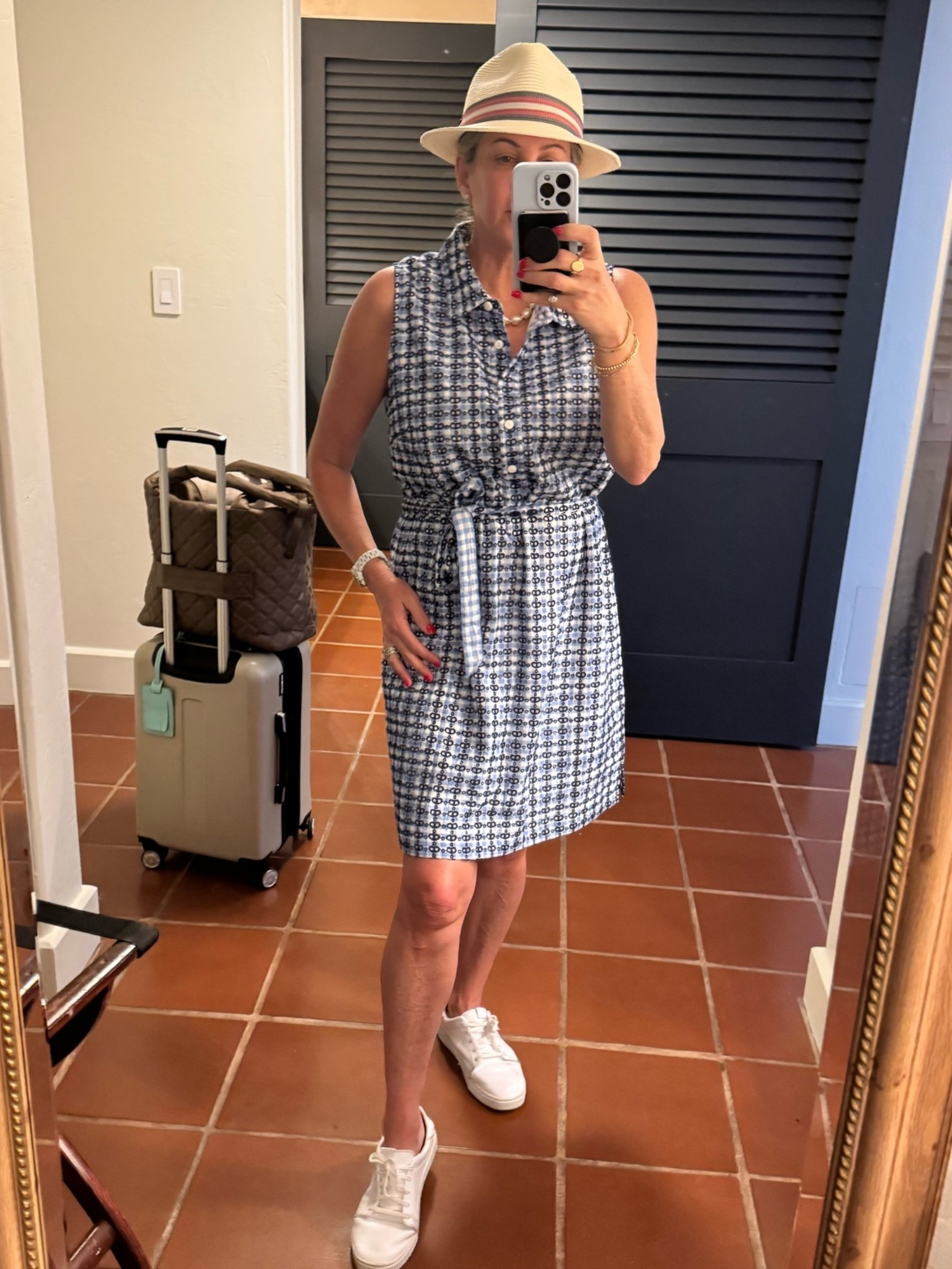 Today a long travel day. I'm wearing my go to travel sneaker that's so comfortable they feel like slippers. No socks required! Favorite summer hat. Dress is past season Lily Pulitzer.

#LTKootd #LTKdayinmylife #LTKTravel