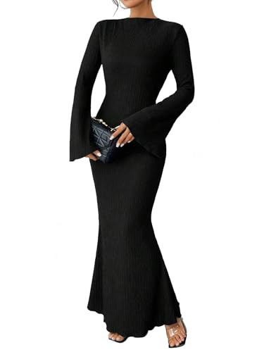 Narecte Women's Fall Maxi Dresses 2024 Boho Solid Color Mermaid Hem Flare Sleeve S-XL | Amazon (US)