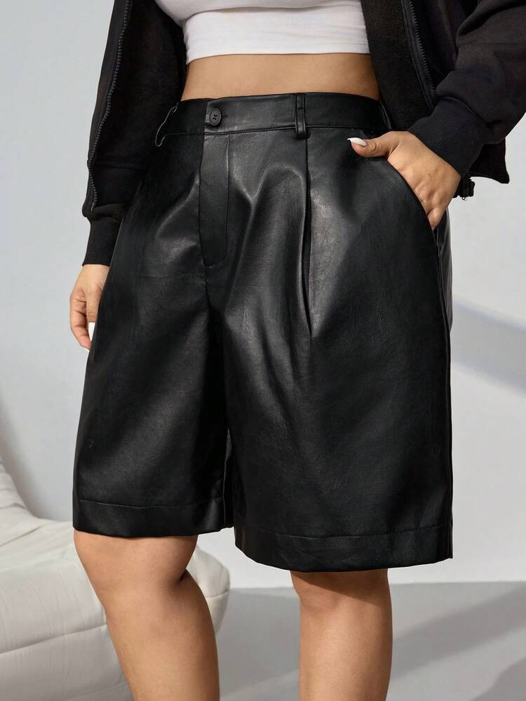 SHEIN EZwear Plus Size PU Bermuda Cargo Shorts, Suitable For Spring & Autumn Black Leather Short | SHEIN