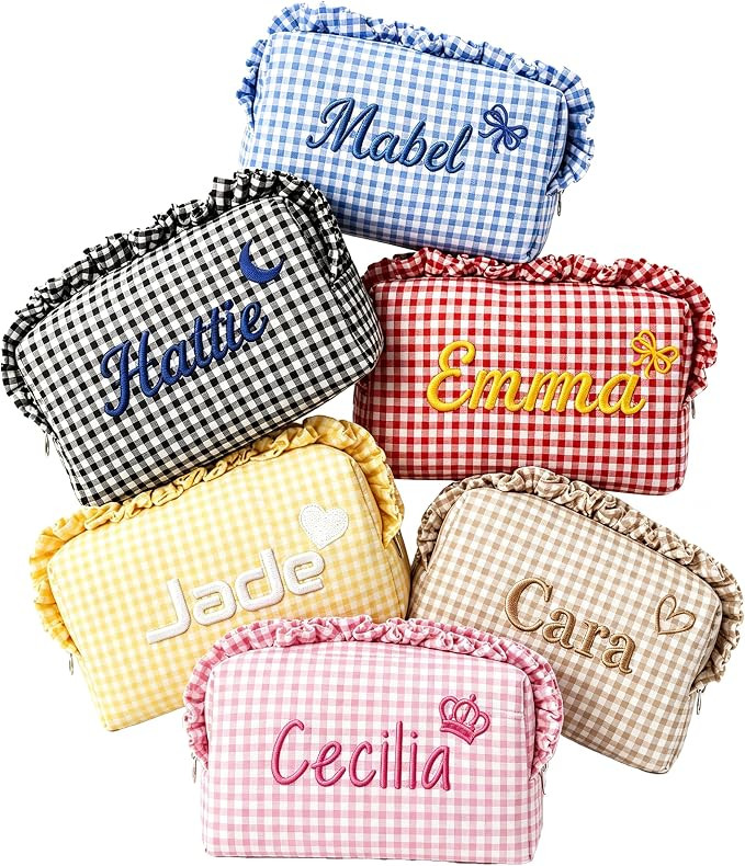 Custom Embroidered Ruffled Plaid Makeup Bag, Personalized Name Cosmetic Pouch, Ruffle-Trimmed Tra... | Amazon (US)