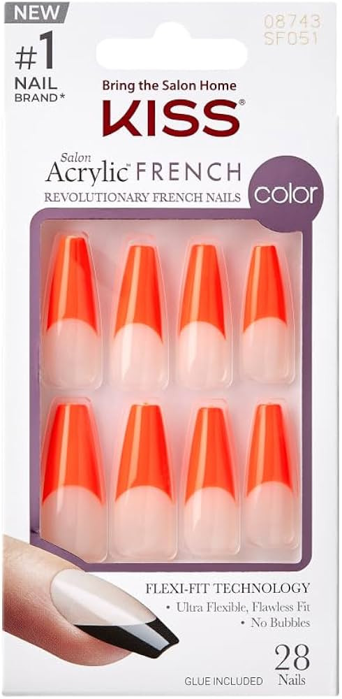 KISS Acrylic French False Nails Kit, X-Long Coffin Shape Design Nail, Orange Color French Tip Nai... | Amazon (US)