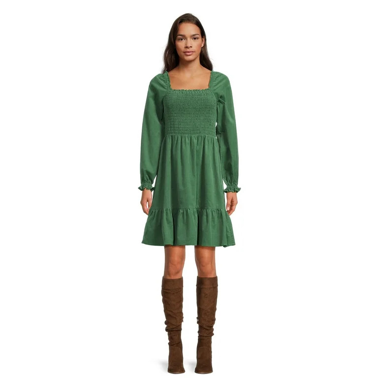 Time and Tru Women's Smocked Square Neck Corduroy Dress | Walmart (US)