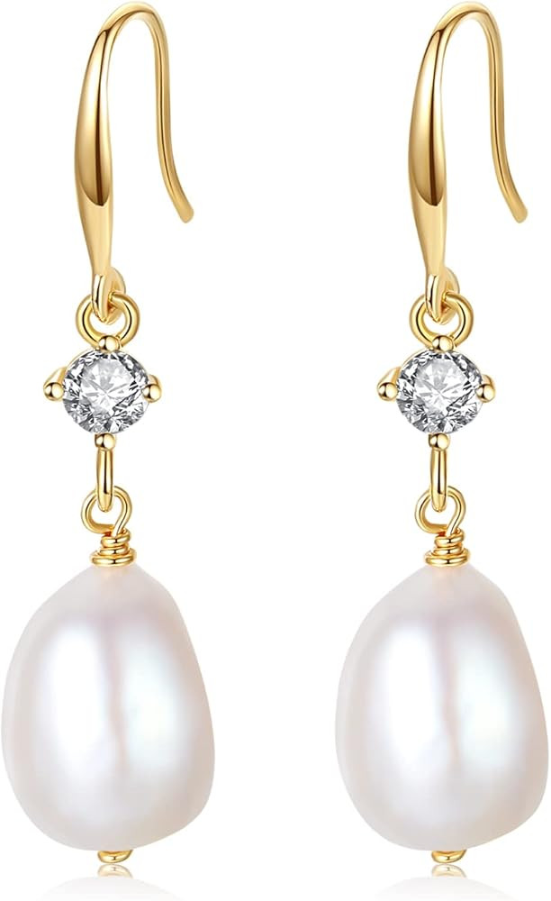 Baroque 9-11mm Pearl and Cubic Zirconia Double Teardrop Earrings Dangle Drop S925 Earrings for Wo... | Amazon (US)