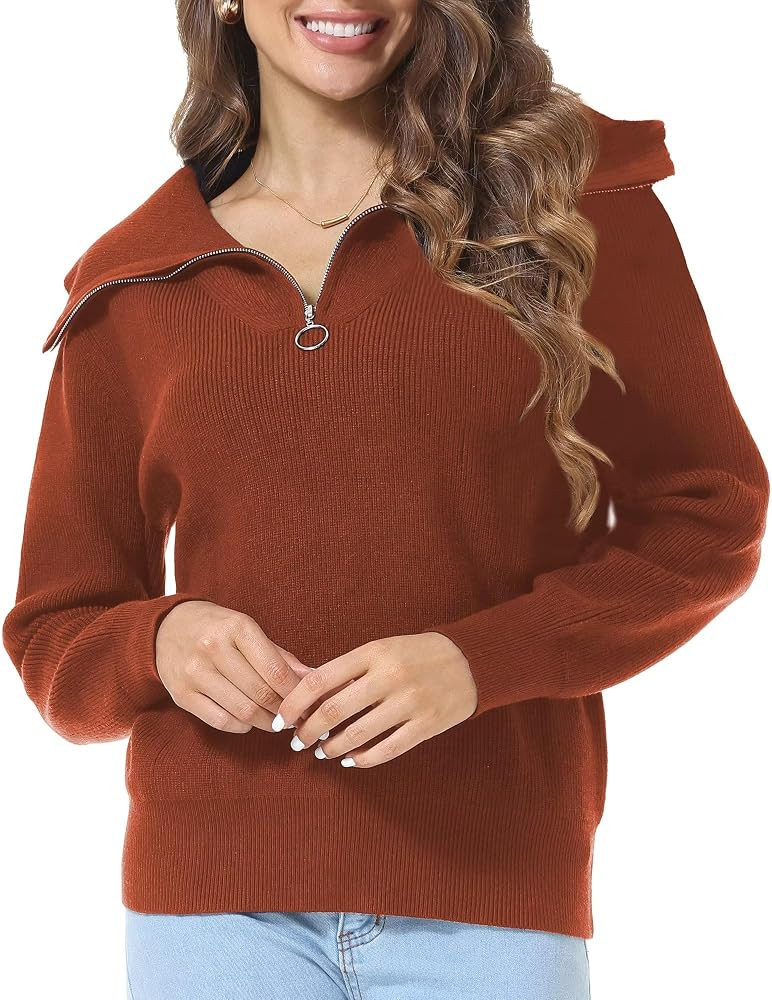 Womens Half Zip Sweaters V-Neck Collar Ribbed Knitted Slouchy Pullover Tops | Amazon (US)