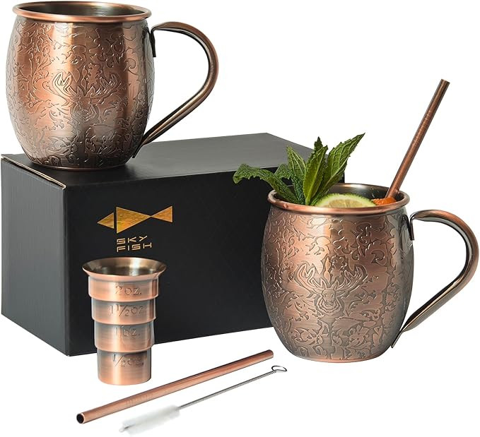 SKY FISH 3D Etched Moscow Mule Mugs Set of 2 Stainless Steel Copper Mugs 18 oz Premium Gift Set w... | Amazon (US)
