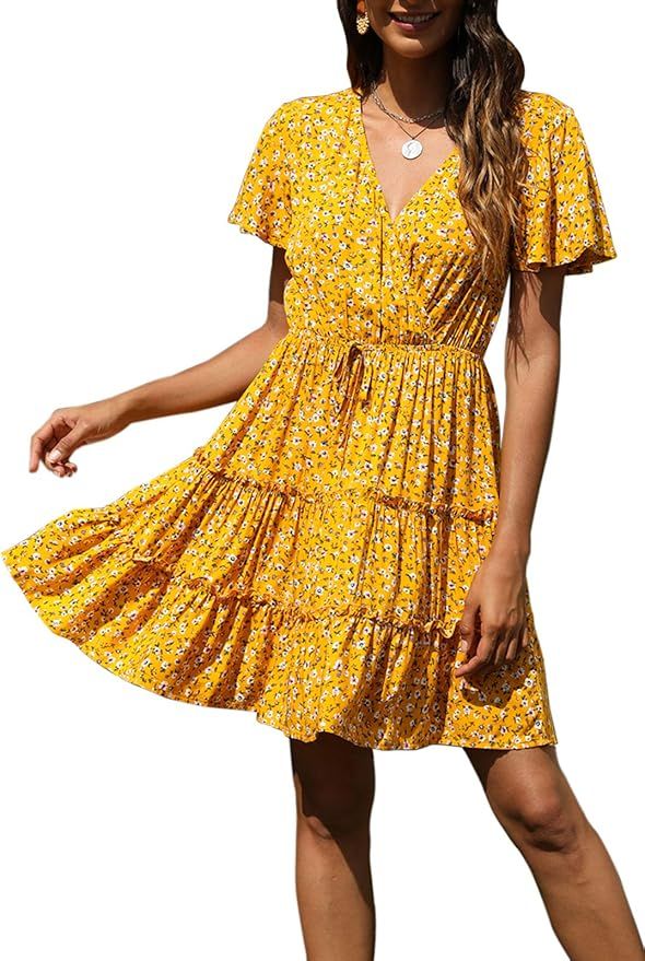 Manydress Women's Casual Floral Print Flutter Sleeve Baby Doll Mini Flowy Swing Boho Dress MY090 | Amazon (US)