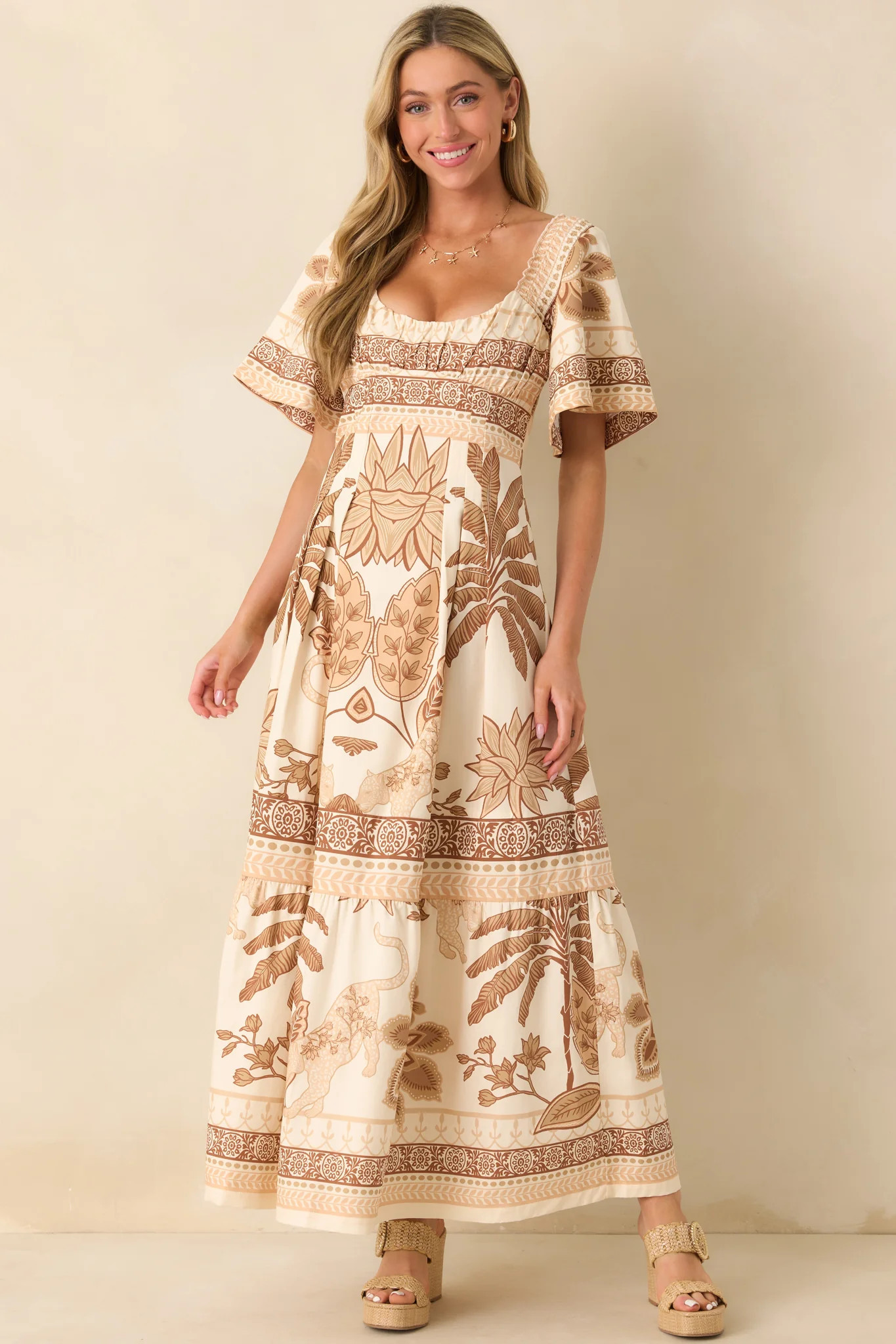 Aylaya Beige Multi Print Cotton Lisbon Maxi Dress | Red Dress