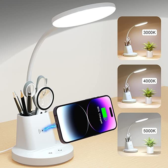 Sailstar Desk Lamp for Home Office, Small Desk Lamp with Wireless Charger & Pen Holder, Cute Desk... | Amazon (US)