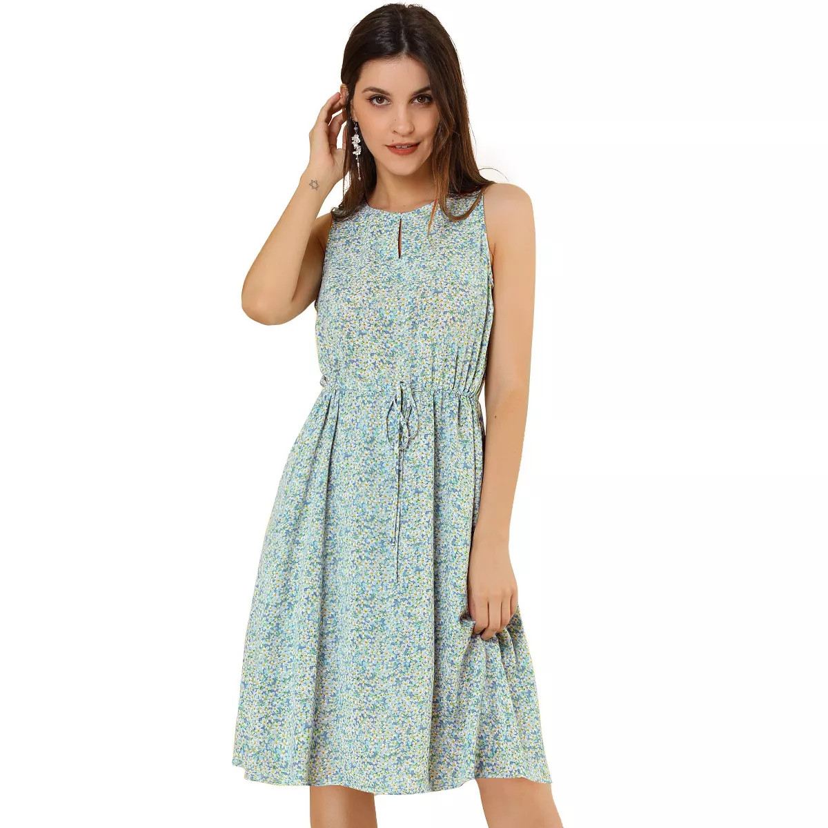Allegra K Women's Printed Split Neck Drawstring Waist Sleeveless A-Line Floral Midi Dress | Target