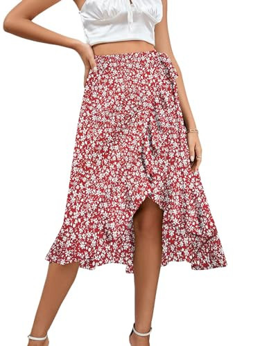 LYANER Women's Boho Floral Print Wrap Front Self Tie Knot Ruffle Hem Slit Midi Skirts Red Flower Small | Amazon (US)