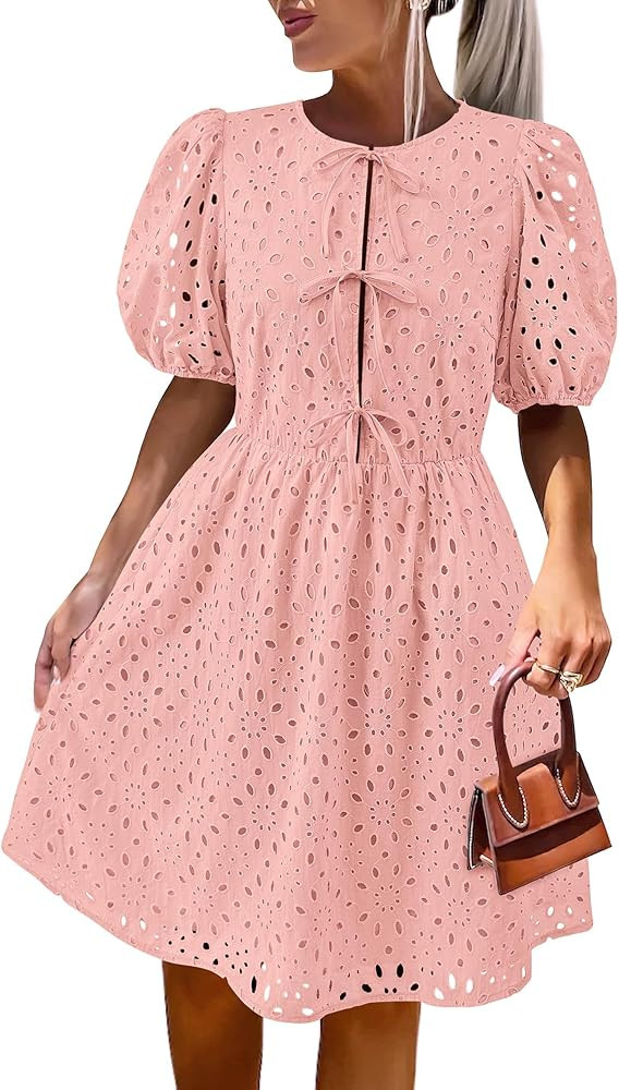 KIRUNDO Womens Summer Dresses 2025 Short Puff Sleeve Open Tie Front Eyelet Hollow Out A Line Wedd... | Amazon (US)