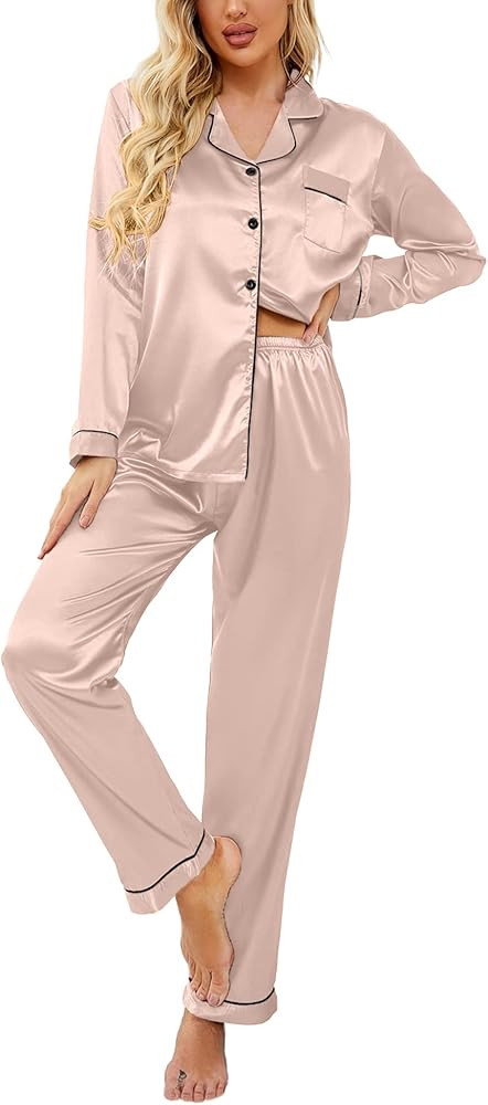 Ekouaer Women's Classic Button Down Long Satin Silk Pajama Set | Amazon (US)
