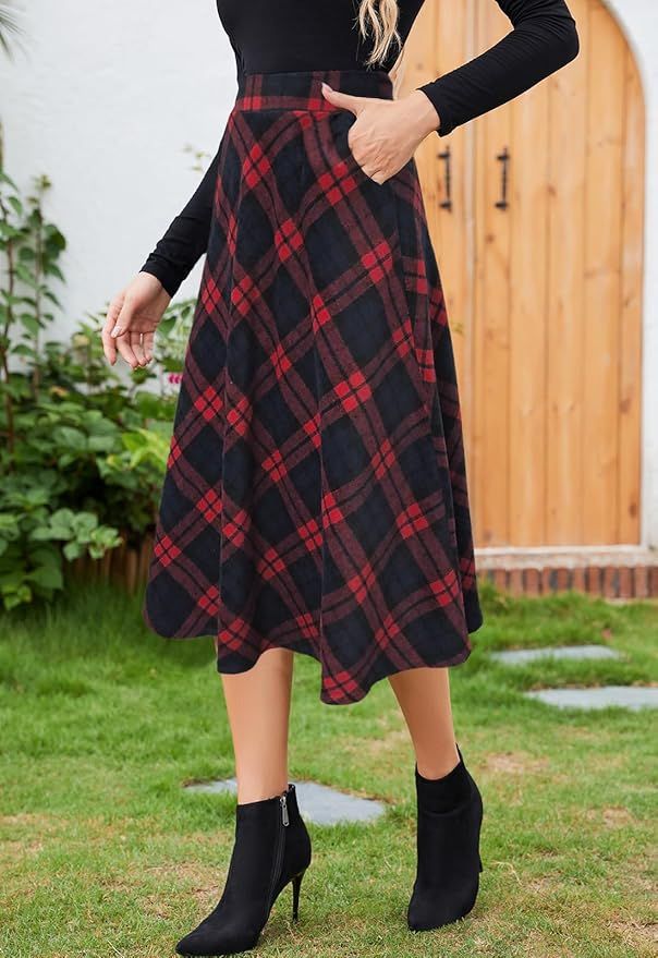 HERBATOMIA Women’s Midi Plaid Skirt High Elastic Waist A-line Vintage Flowy Winter Warm Long Sk... | Amazon (US)