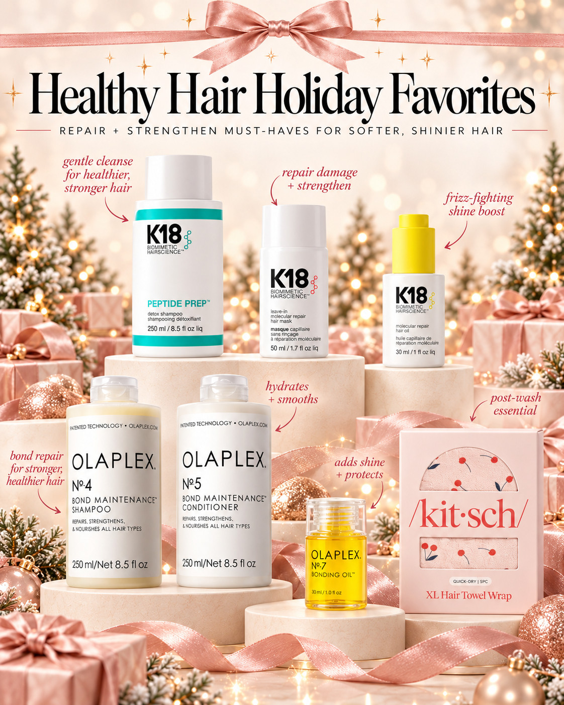 Healthy hair season, but make it holiday-ready. 🎀✨ 

These are the hair repair, bond-building + strengthening essentials I’d reach for when my hair needs extra TLC — especially through dry winter weather, heat styling and all the holiday hair days.

Healthy Hair Favorites:
- 🫧 K18 PEPTIDE PREP Detox Shampoo — deep cleanses buildup while prepping hair for your routine
- 🧬 K18 Leave-In Molecular Repair Hair Mask — helps repair damage + strengthen hair
- ✨ K18 Molecular Repair Hair Oil — smooths frizz and adds lightweight shine
- 🤍 Olaplex No.4 Bond Maintenance Shampoo — bond-repairing wash for stronger, healthier-looking hair
- 💧 Olaplex No.5 Bond Maintenance Conditioner — hydrates, smooths + nourishes
- 🌟 Olaplex No.7 Bonding Oil — adds shine, smooths flyaways + offers heat protection
- 🎀 Kitsch XL Hair Towel Wrap — an easy post-wash essential for gently drying hair

Such a good lineup for damaged hair, dry hair, frizz, breakage, bond repair + healthier-looking hair — and several of these would make amazing beauty gifts for the haircare-obsessed girl on your list. 🤍

📌 Save this for your healthy hair routine, hair repair essentials + holiday beauty shopping.

Everything is Linked! ↓

#LTKSaleAlert #LTKBeauty #LTKTravel