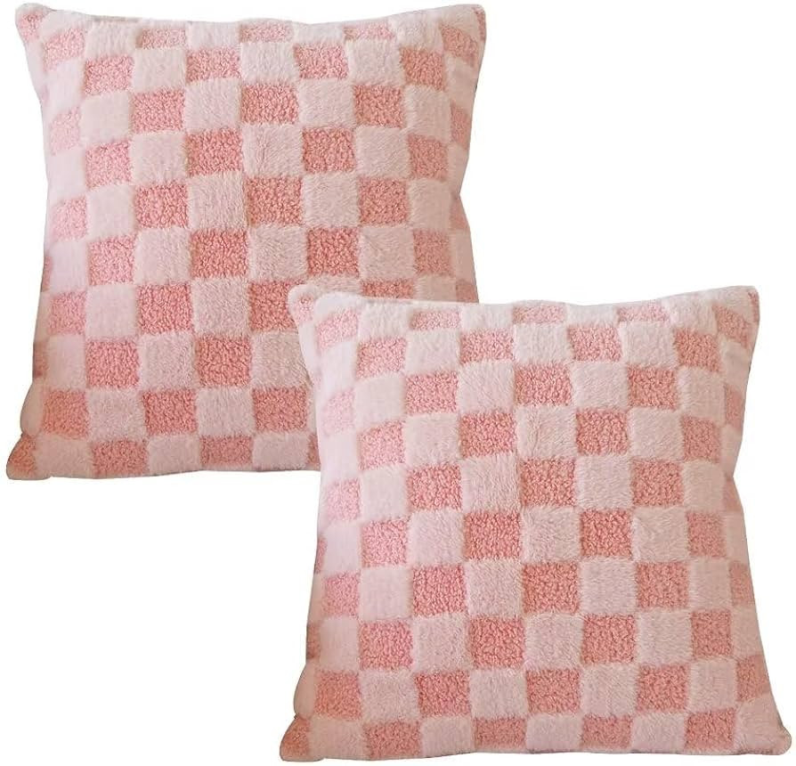 Soft Faux Fur Throw Pillow Covers Christmas Decorative Pillow Cases Checkered 18x18 Set of 2 Squa... | Amazon (US)