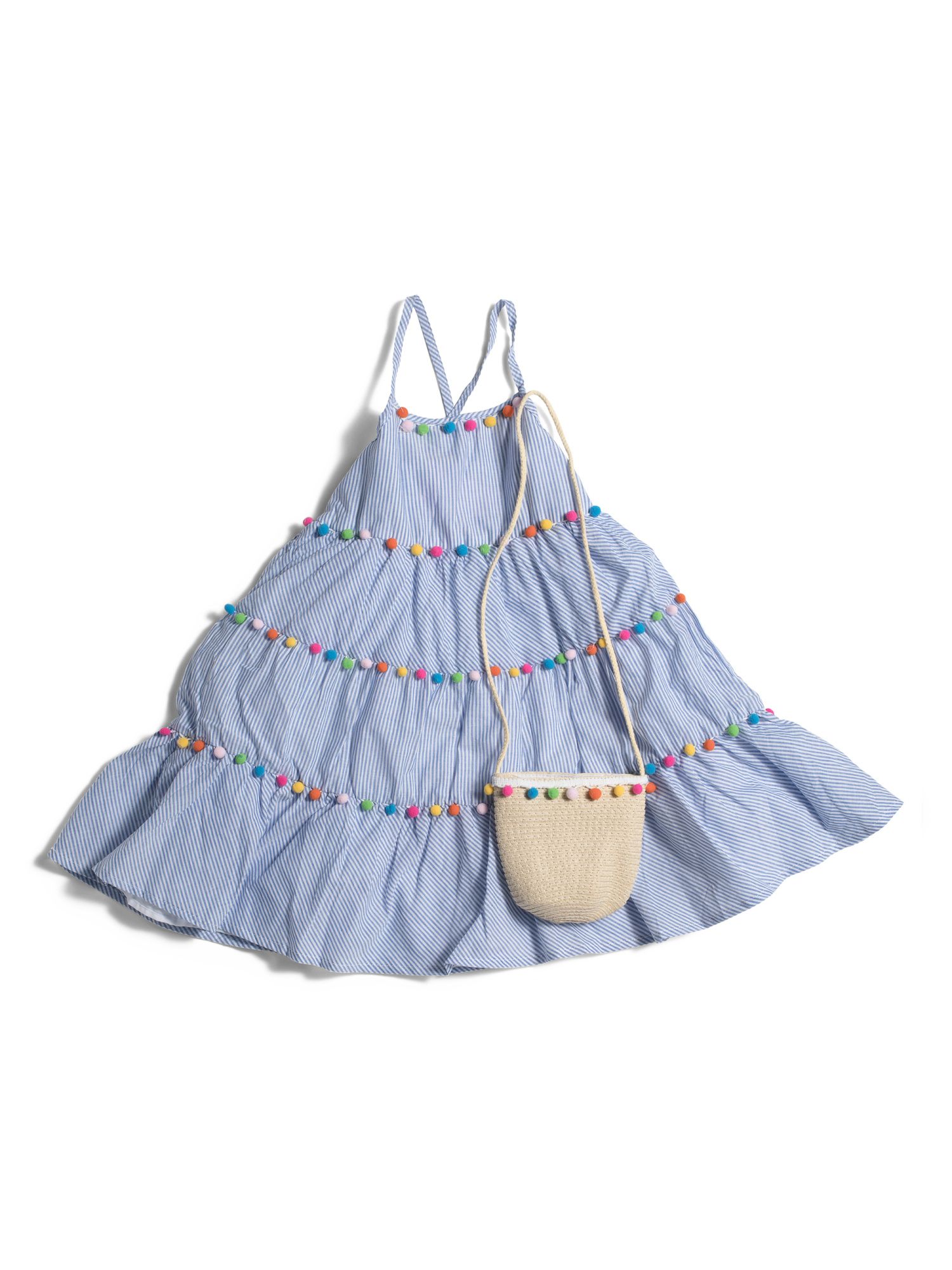 Girls Cross Strap Tiered Dress With Ball Trim | TJ Maxx