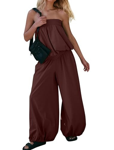 Lenader Women Summer 2 Piece Outfits Bubble Off Shoulder Strapless Tube Top Wide Leg Long Pants Lounge Set Matching Sets | Amazon (US)