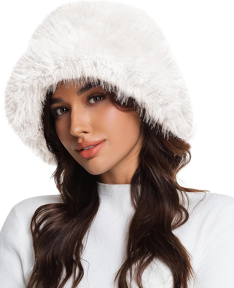 Faux Fur Bucket Hat for Women, Wide Brim Adjustable Fuzzy Fisherman Cap Long Pile Fluffy Winter F... | Amazon (US)