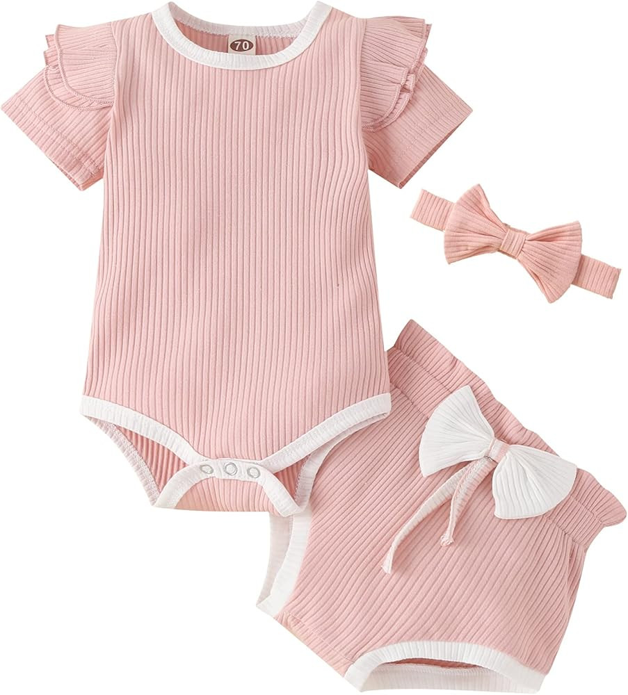Fullfamous Baby Girl's 3pc Rib Short Sleeve Romper and Short Set | Amazon (US)