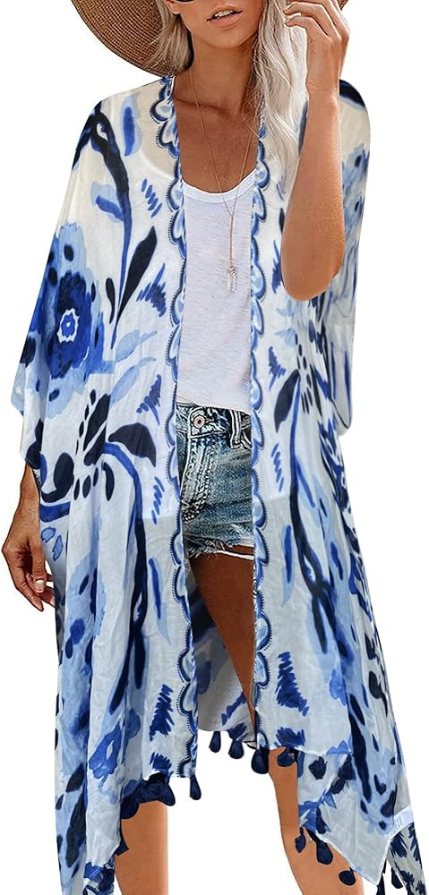 Moss Rose Women's Beach Cover up Swimsuit Kimono with Bohemian Floral Print, Loose Casual Resort ... | Amazon (US)