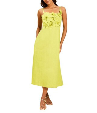 Mestiza New York Esperanza Linen 3D Floral Square Neck Sleeveless Midi Dress - L | Dillard's