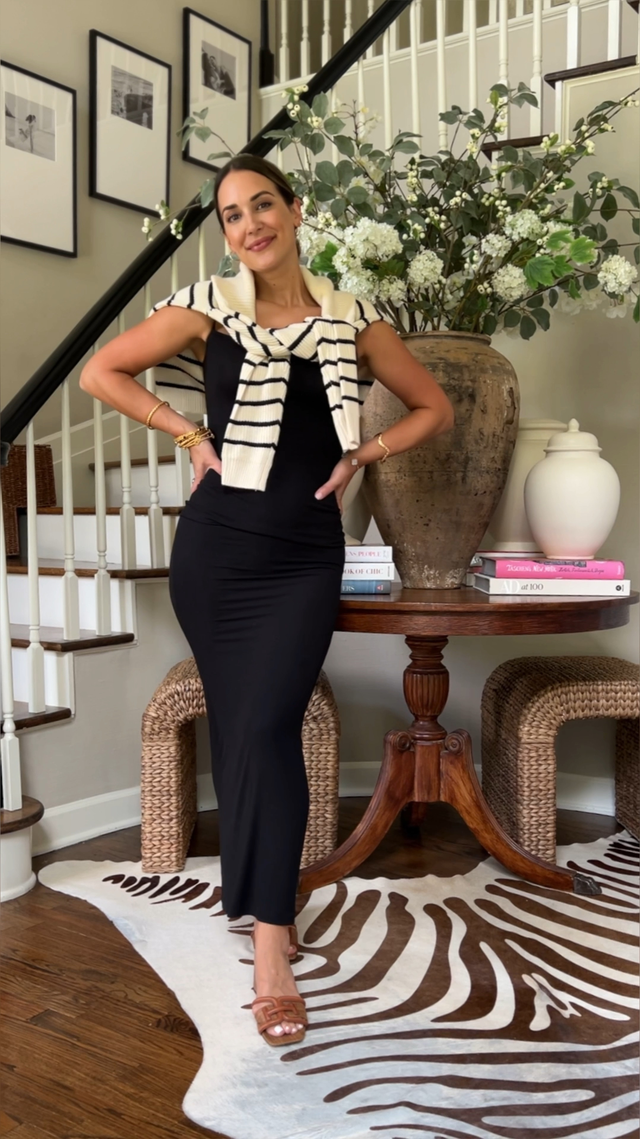 Black skims dress, striped knit Amazon half zip, my favorite kitten heels this summer, Amazon sunglasses, birkin