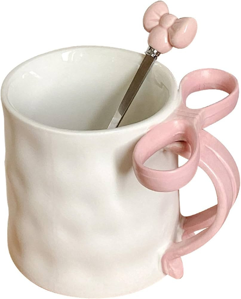 Charming Ribbon Mugs, 500ml Pink Ceramic Coffee Mug with Bow Ribbon Handle, Christmas Bow Hot Cof... | Amazon (UK)