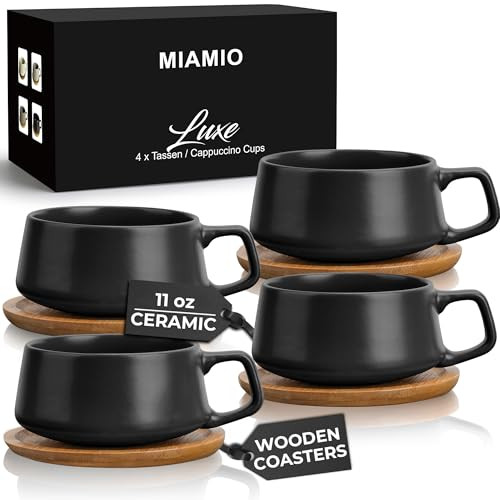MIAMIO – 11 Oz., Set of 4 Ceramic Tea Cup and Saucer Bamboo/Tea Mug - Wide Cappuccino Cup, Coff... | Amazon (US)