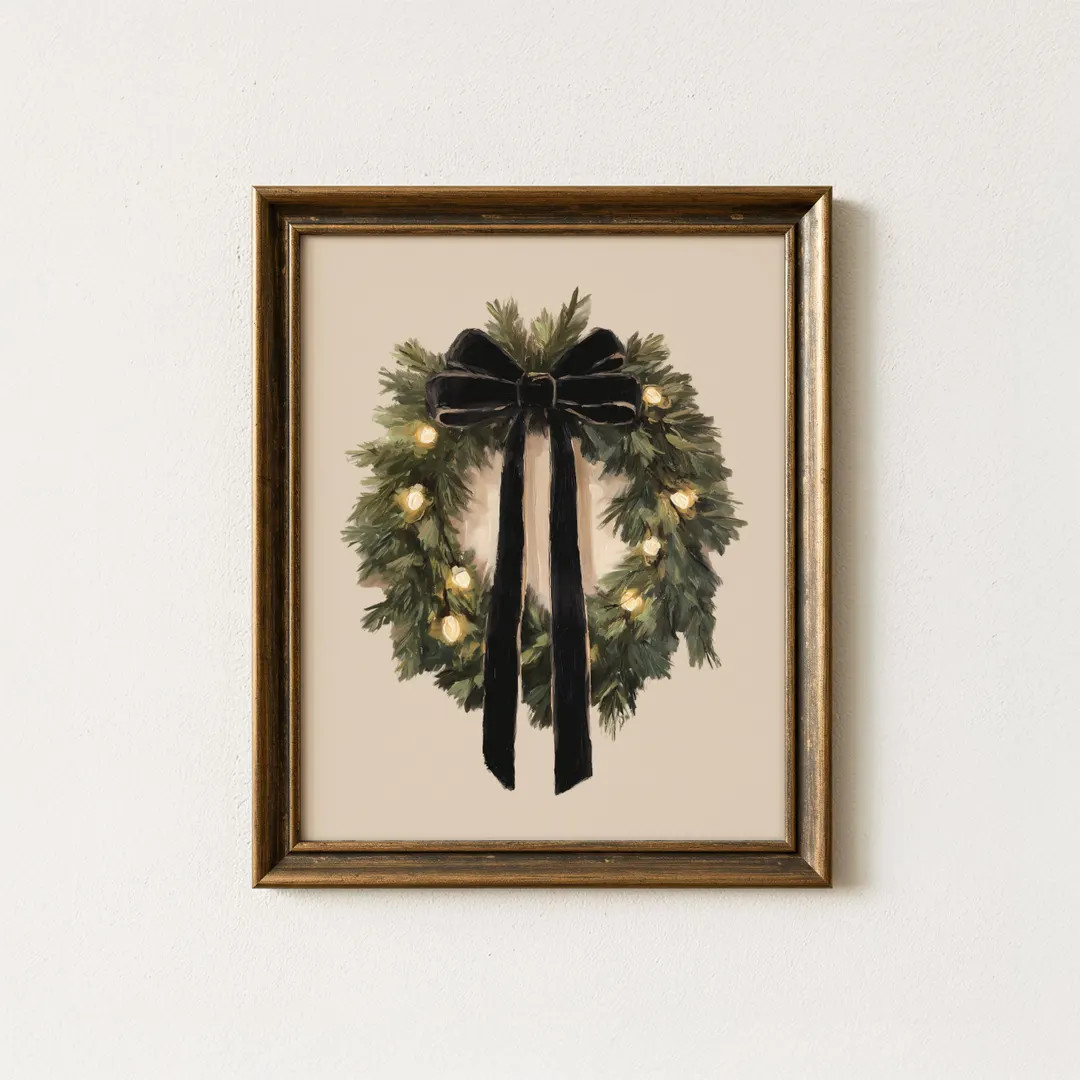 Christmas Wreath Wall Art Printable Black Velvet Bow Greenery Holiday Decor Rustic Winter Farmhou... | Etsy (US)