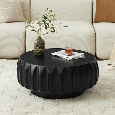 GDFStudio Kairo Modern Round Solid Wood Carved Coffee Table with Ash Veneer, Black | Target