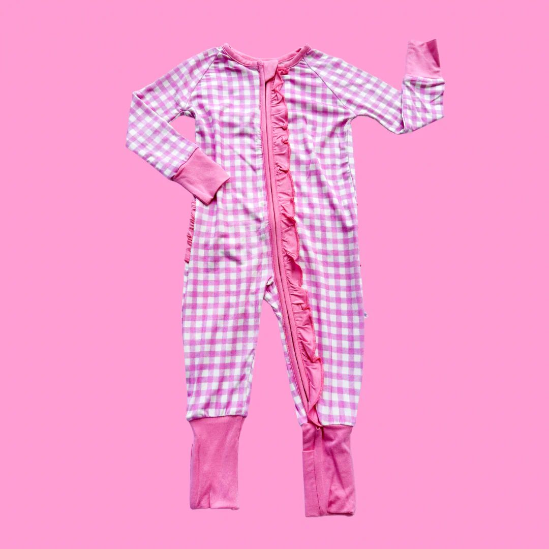 Hot Pink Gingham Ruffle Romper | Poppy Kids Co