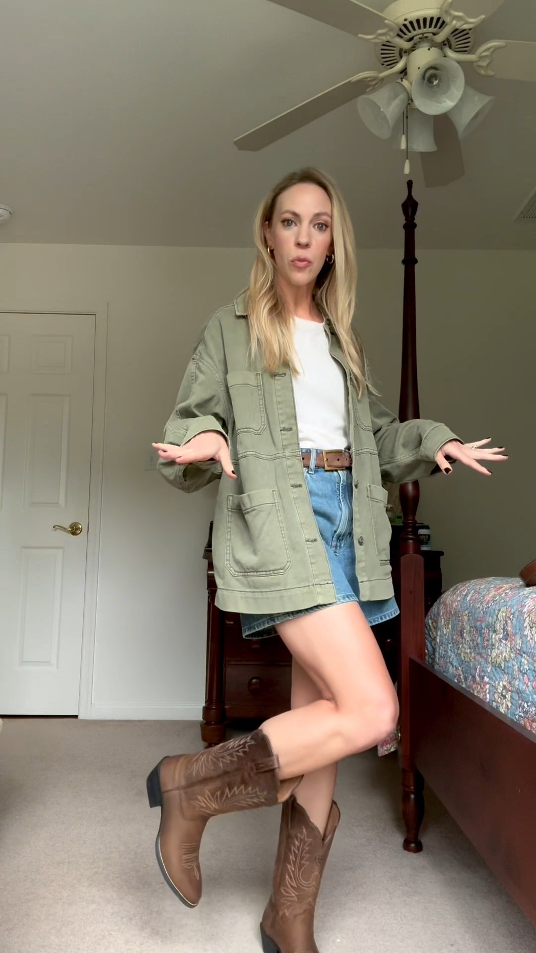 Summer to fall outfit idea with utility jacket, denim shorts, suede YSL belt, cowboy boots

#LTKootd #LTKdayinmylife #LTKgrwm