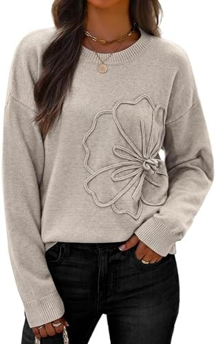 IWD 3D Floral Sweaters for Women Crew Neck Long Sleeve Pullover Sweater Cozy Knit Tops 2026 | Amazon (US)