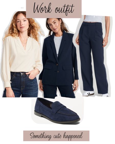Work outfit 
Loafers
Pretty blouse
Navy blue blazer
Trousers
Pleated pants

#LTKunder50 #LTKworkwear #LTKsalealert