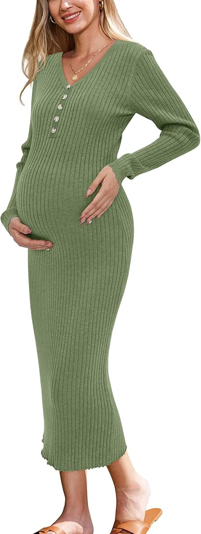OUGES Women's Wool Blend 2024 Fall Maternity Sweater Dress V Neck Long Sleeve Slim Fit Ribbed Kni... | Amazon (US)