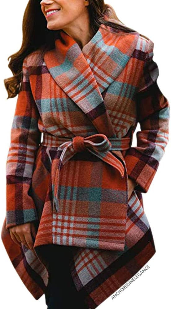 CHICWISH Women's Turn Down Shawl Collar Earth Tone Check/Black White Grid/Black/Plum Wool Blend Coat | Amazon (US)