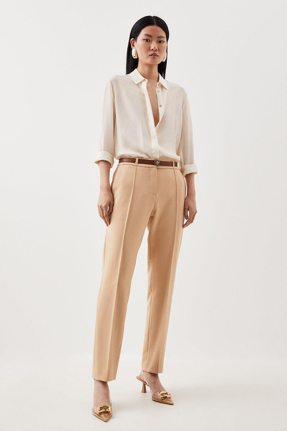 Compact Stretch Tailored Waist Detail Straight Leg Trousers | Karen Millen UK + IE + DE + NL