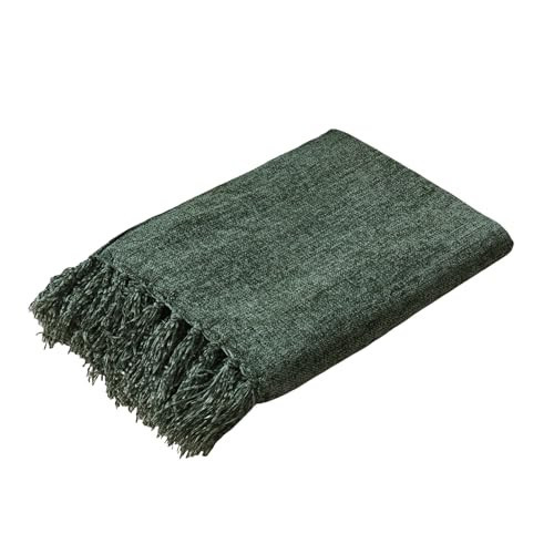 Olive Green Chenille Throw Blanket for Couch Bed，Soft Cozy Throw Blanket with Handmade Fringe, Decorative Blanket for Sofa Chair Living Room for Gift, (Olive Green) | Amazon (US)