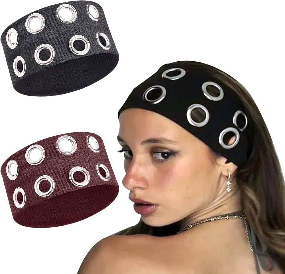 2 PCS Women Hollow Out Eyelets Elastic Headband Y2k Girls Punk Grunge Wide Hairbands Stretchy Cas... | Amazon (US)