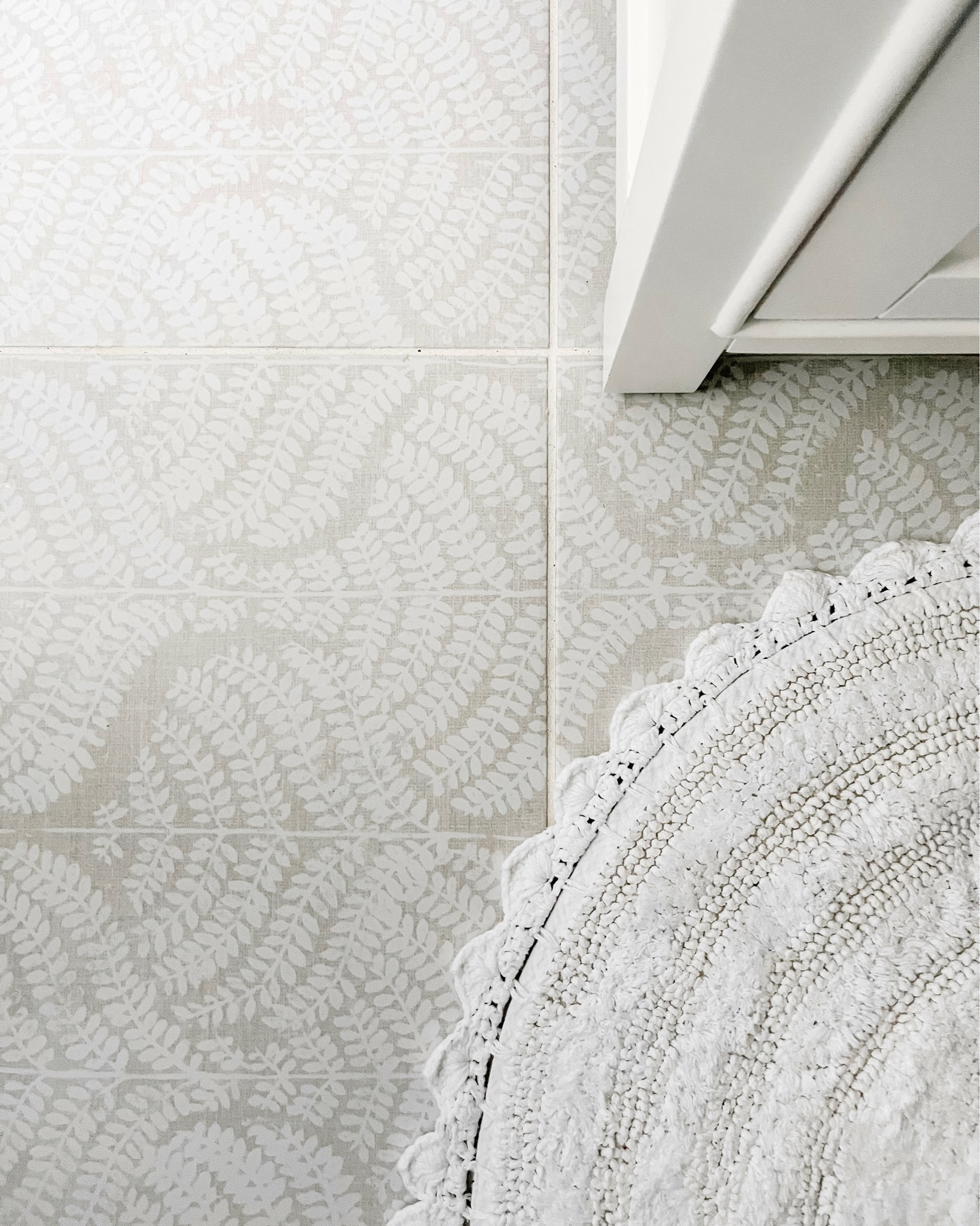 Small bathroom inspo!

 Tile:  Annie Selke Flora Coconut Milk Porcelain Wall and Floor Tile

~~~~~
Neutral bathroom decor, white vanity, round bathroom rug, patterned tile, coastal bathroom, coastal farmhouse style

#LTKunder50 #LTKunder100 #LTKhome