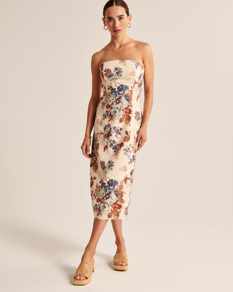 Strapless Linen-Blend Midi Dress | Abercrombie & Fitch (US)