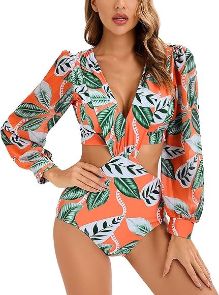 MUOLUX Long Sleeve Bathing Suit, One Piece Swimsuit Puff Sleeve Bathing Suit Swimwear | Amazon (US)