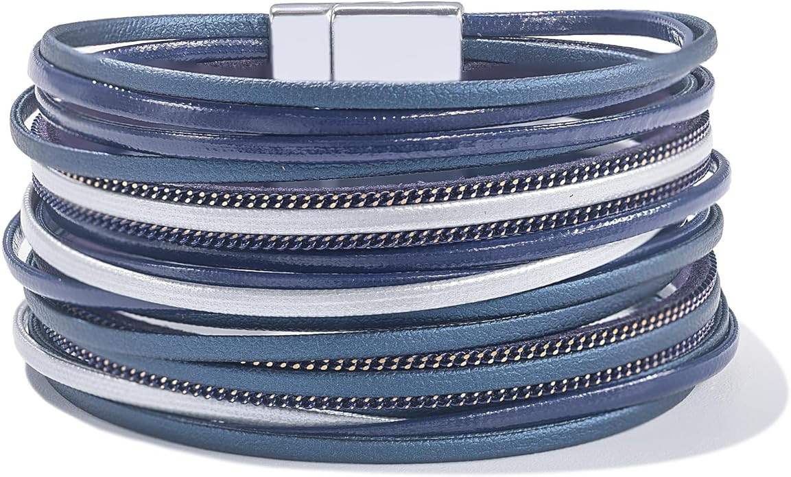 FANCY SHINY Boho Leather Wrap Bracelet Stackable Layered Bangle Cuff with Magnetic Clasp | Amazon (US)