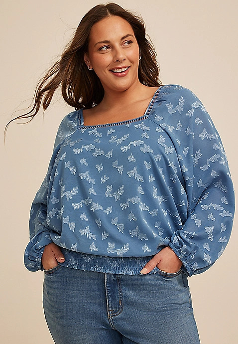 Plus Size Blue Jacquard Floral Lace Trim Blouse | Maurices