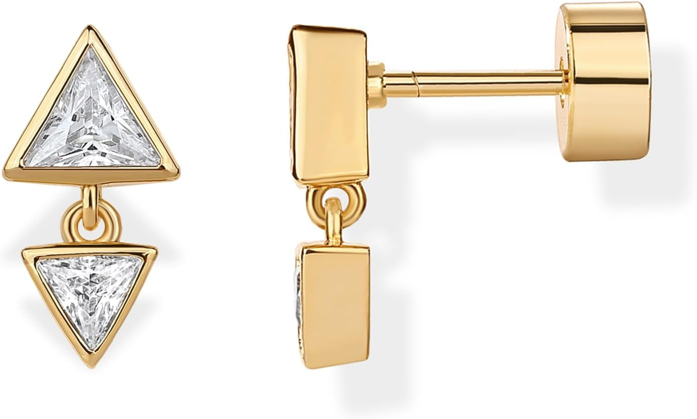 PAVOI 14K Gold Plated Dangle Flat Back Earrings for Women, CZ Stud Piercing | Amazon (US)