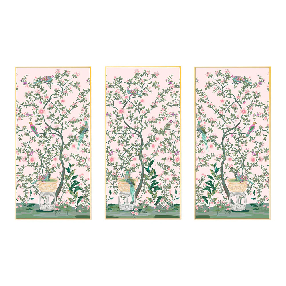 Sitting Bird Chinoiserie Panel Trio | Large Bird Murals | Urban Garden Prints