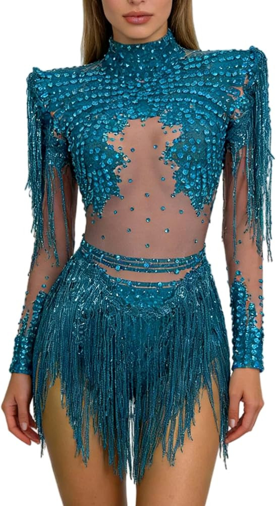 Amazon.com: CELESINYI Women Sparkly Diamonds Sequins Bodysuit Singer Dancer Stage Wear Sexy Performance Latin Dance Costume Party Birthday Outfit (Blue, One Size) : Clothing, Shoes & Jewelry | Amazon (US)